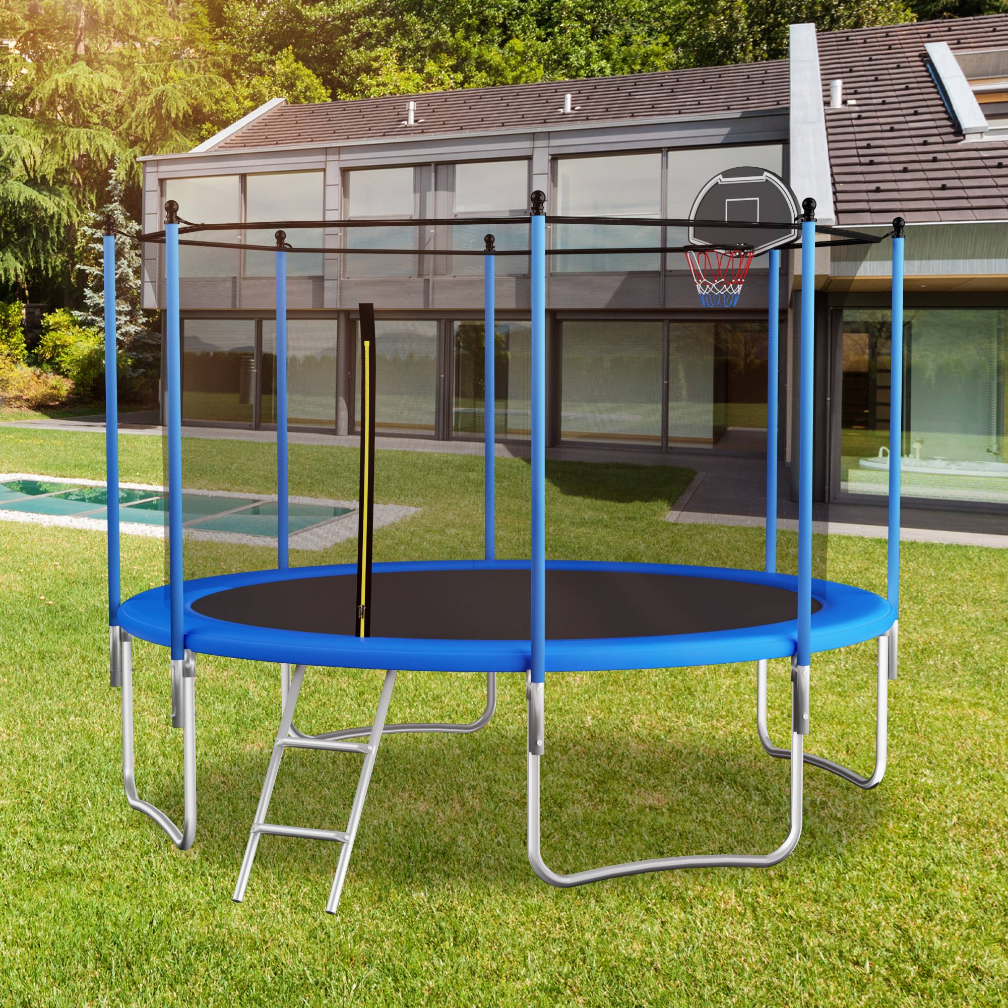 Outdoor Trampoline with Basketball Hoop and Safety Net, Heavy Duty Rebounder with Weatherproof Steel Frame, 366L x 366W x 76H cm, Blue Aosom UK