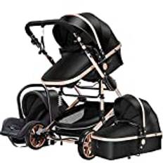 Modulära resesystem Barnvagn 3 i 1 bärbar resevagn fällbar babyvagnar aluminiumram hög liggande bil för nyfödd babyboomer poussette (Svart Guld)