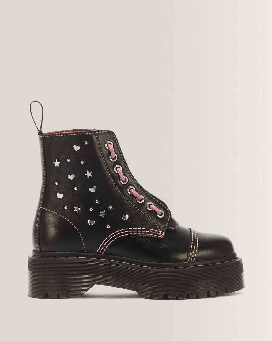 Dr. Martens Sinclair Hearts & Stars 8-Ösen Milled Gloss Leder Plateaustiefel Schuhe in Schwarz, Größe: 36