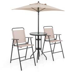 4-delat utomhus barset runt barbord med 2 hopfällbara barstolar & parasoll beige