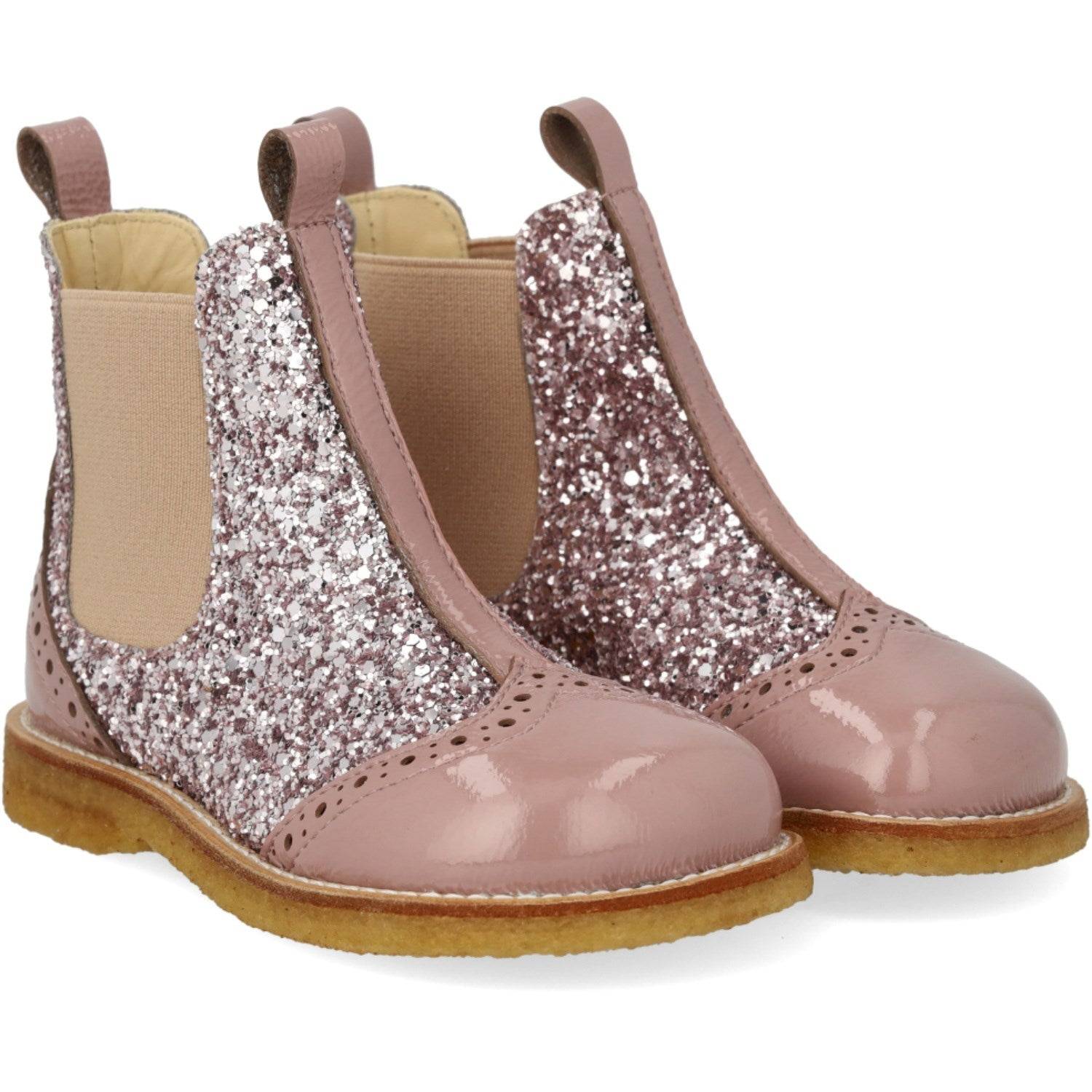 Angulus Faded Rose/Blossom Glitter/Rose Chelsea Støvle Med Glitter Og Brogues Detaljer Str. 24