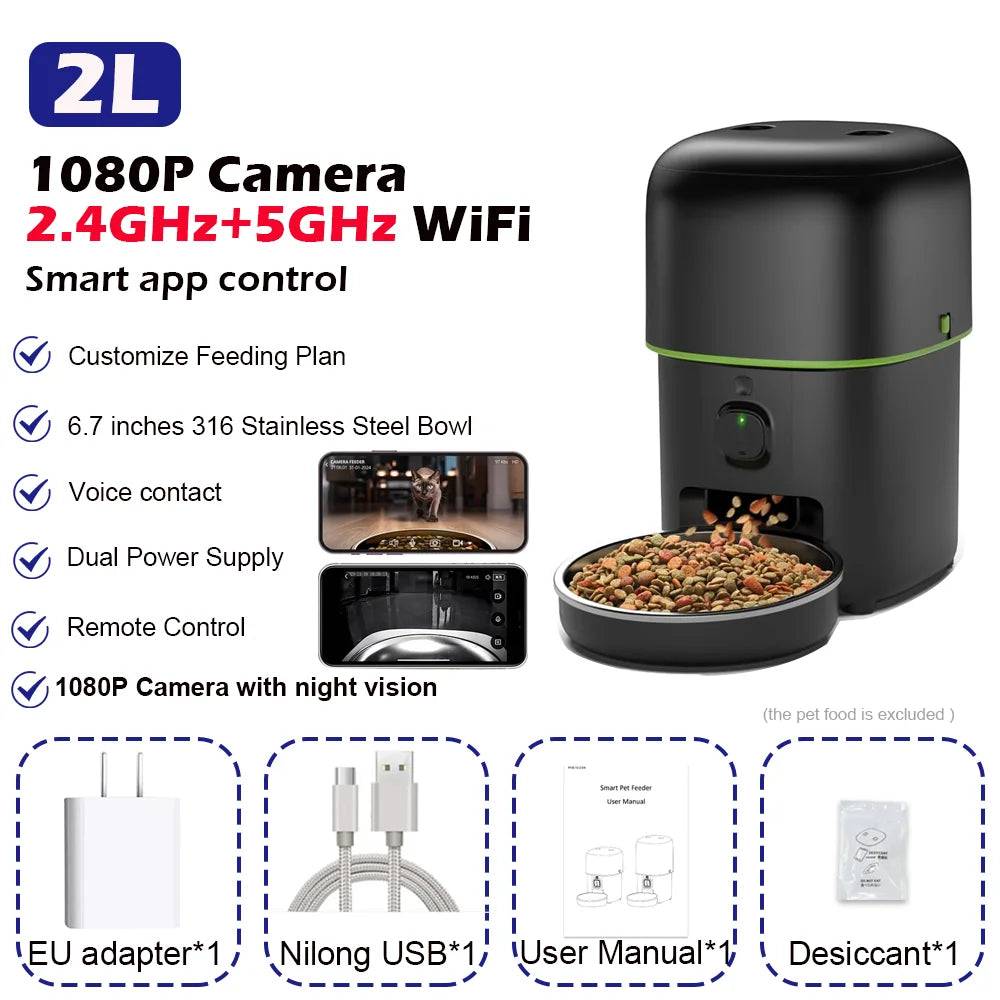 Smart Pet Feeder with 1080P Camera, Night Vision & Two-Way Audio — 2.4G/5G Wi-Fi, Tuya App - 2L WiFi 1080P Camera