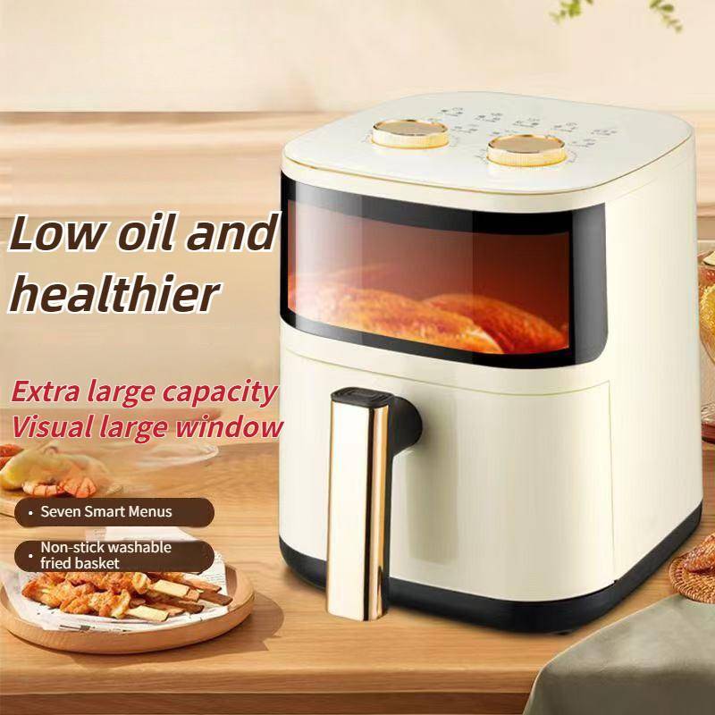 1200W Fritös med stor kapacitet Hushåll Visuell Intelligent Elektrisk Fritös Multifunktionell Automatisk Elektrisk Ugn beige