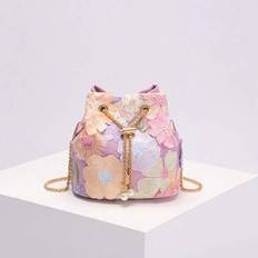 1 st färgglad PVC-blommig applikationsnätbroderi jacquard blommönster kedjepärl hinkväska, ny resortstil enkel axelväska, moderiktig mångsidig kedjeax - Mauve Lila