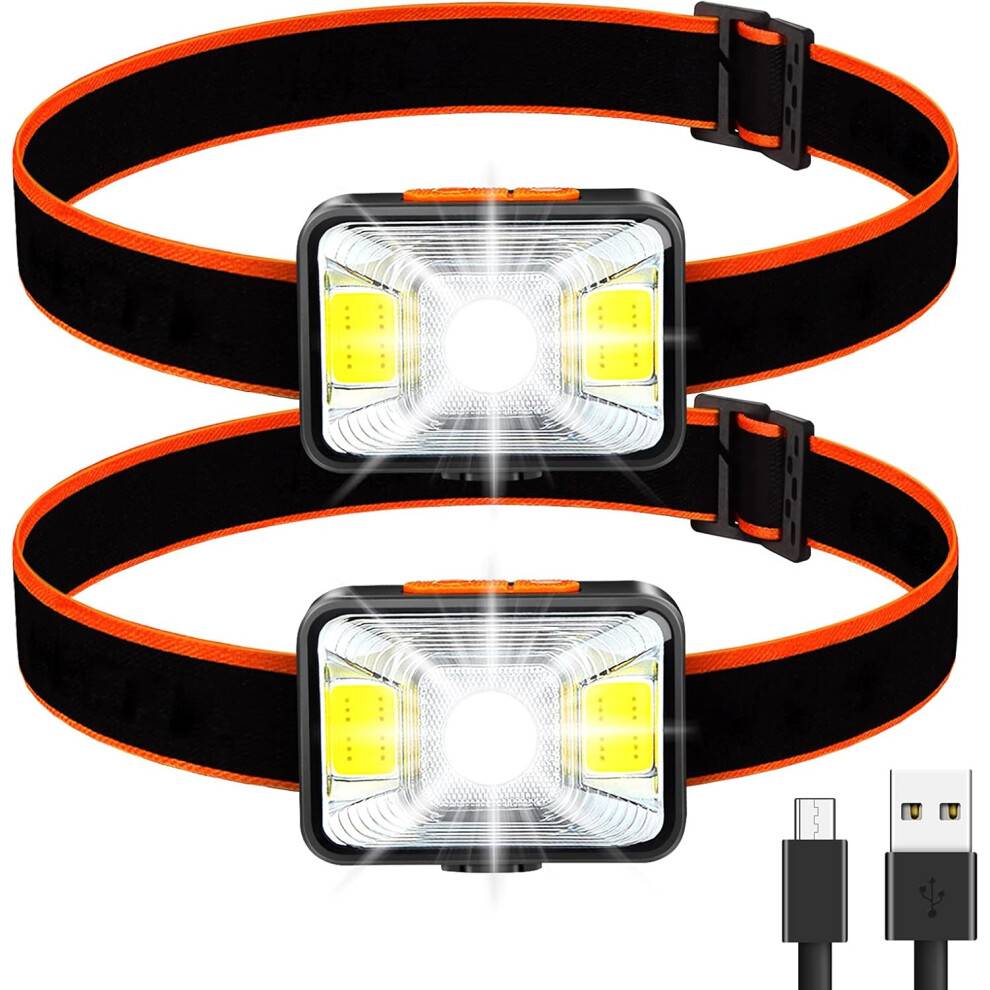 Pakke med 2 Kraftig pandelampe, USB genopladelig pandelampe LED 5 lystilstande, IPX4 vandtæt til fiskeri, camping, læsning, vandreture, cykling