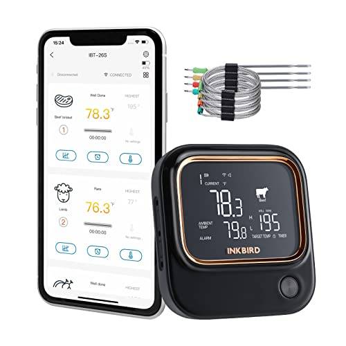 Inkbird IBT-26S-5G Fleischthermometer, WIFI und Bluetooth 5.1 Signal 70m, Thermometer mit 4 Temperaturfühlern, Magnetische Halterung, USB-Aufladbar, Grillthermometer für Küche Ofen Grill BBQ Smoker