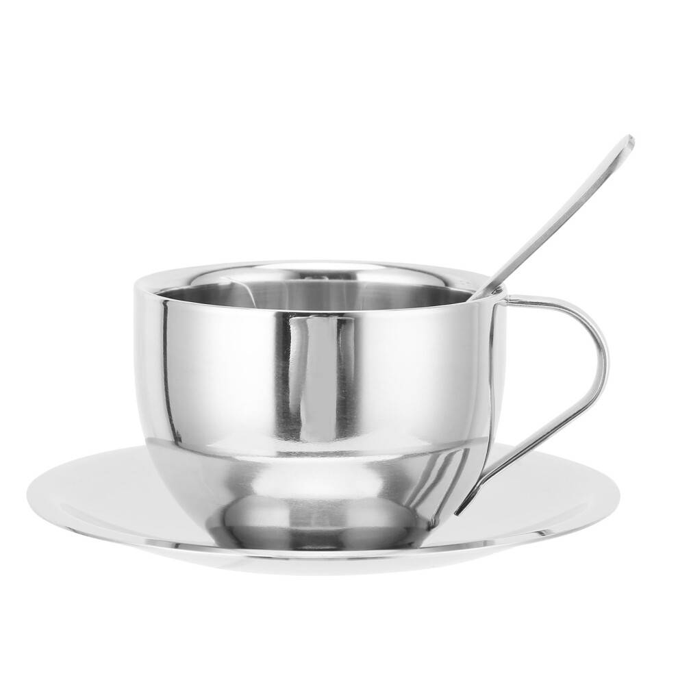 Isolerede kaffekopper, dobbeltvæggede krus i rustfrit stål, espressokopsæt med ske og underkop, premium 304-stål drikkevaresæt til te, latte,