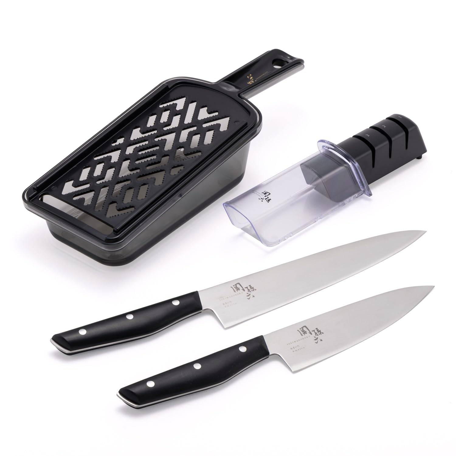 Kai Seki Magoroku RC1150 2 Knives and 2 Includes Simple and Sharpener 4-Piece Set Cookware Knives, Chef's Knife, Whetstone, Grater,