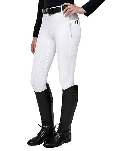 FitsT4 Sports Damen Reitleggings Silikon Vollbesatz Reithose mit Handytasche und Gürtelschlaufen,Weiß,Gr.L
