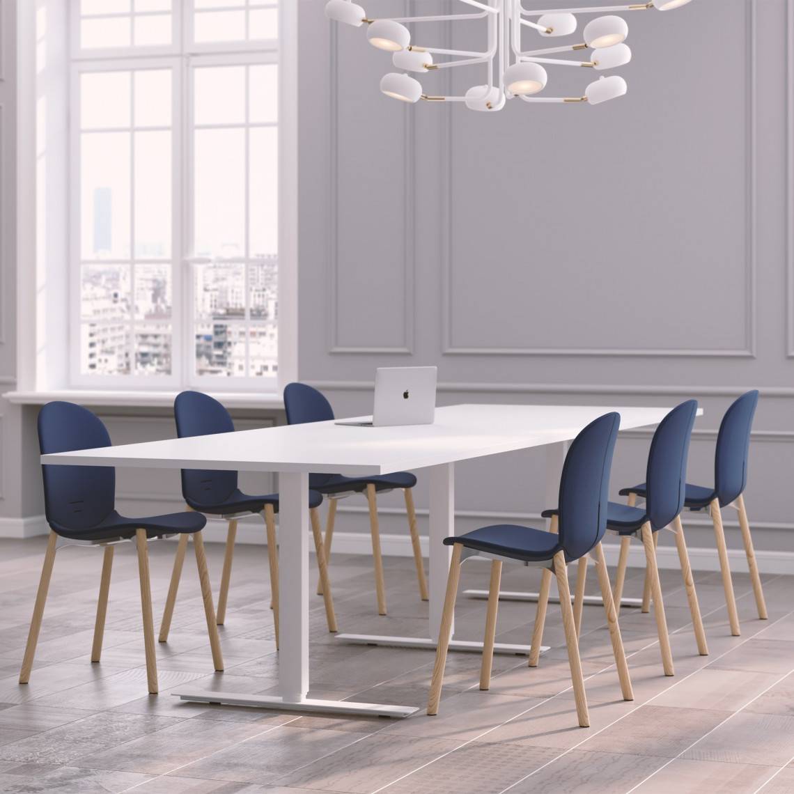 Konferencegruppe Modul + Noor 6080F, Størrelse 10 pladser (320 cm), Farve på stol Blå, Farve på bord Hvid.