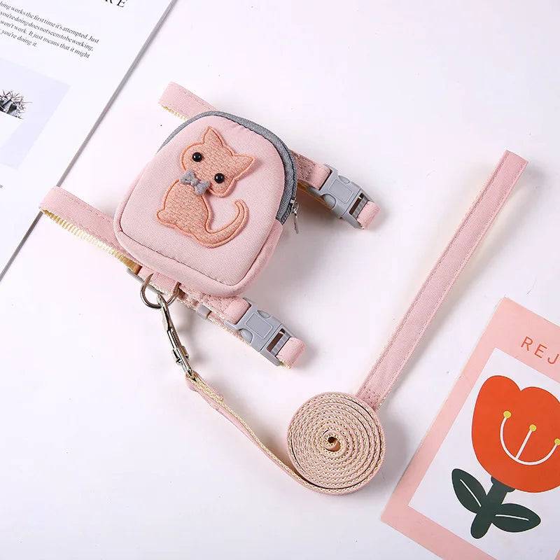 Cartoon Print Cat & Dog Harness with Leash Set and Snack Bag - Pink Cat / L-suit 5-8kg / SPC (L-suit 5-8kg)