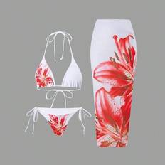 Badkläder i 3 delar för kvinnor: Bikinitopp med spaghettiband med grimma, sidoknytunderdel och lång täckkjol i mesh, semester-/strandstil, sommar - Vitt (L,M,S,XL)
