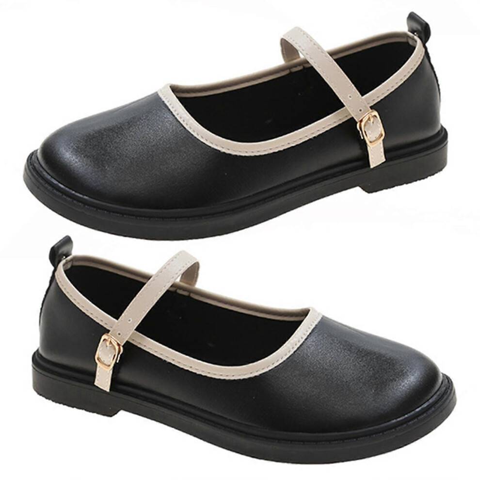 (38, Black) Girls Leather Shoes Soft Lining Round Toe Buckle Ankle Strap Fashionable PU Rubber Comfortable Flat Summer Leather Shoes