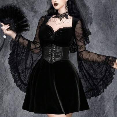 Damers gotisk sexig elegant Halloween spökbrud fest cosplay häxdräkt, sammetsklänning med spetskant - Svart (L,M,S,XL)