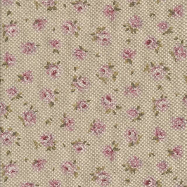 Textil-/voksdug i hør-look med små lyserøde roser.