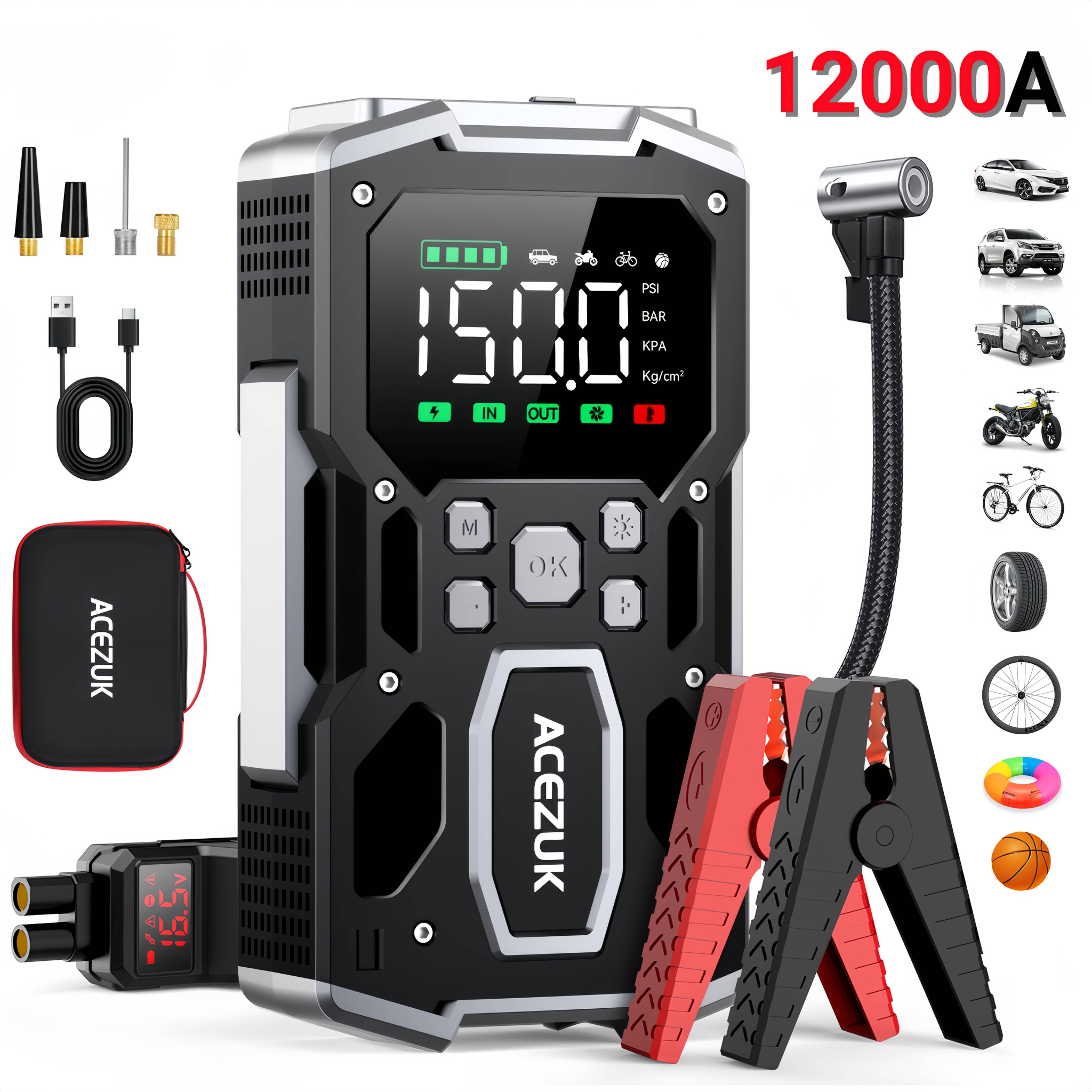 TEMU 12000a Car Jump Starter With Air Compressor, 12v Battery Booster For All Gas/10l Engines, Portable Tire Inflator Lcd Display Qc3.0 Led Light, For Suv Truck Motorcycle With Carry Case