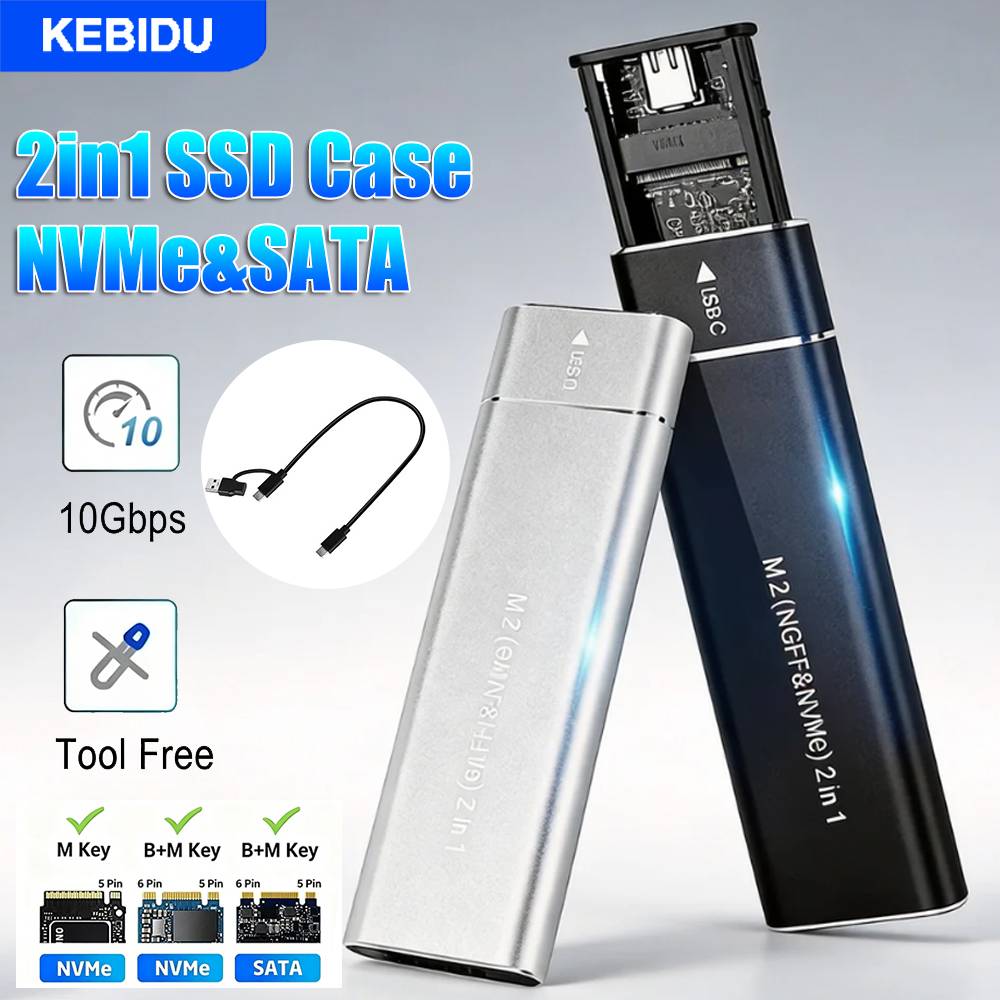 KEBIDU Dual Protocol M2 SSD Case M.2 NVMe SATA SSD Enclosure Adapter 10Gbps USB 3.1 Type C External Enclosure Support M B&M Keys