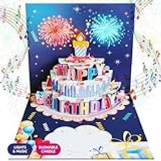 Popup-födelsedagskort för alla åldrar, blåsbart LED-ljus, ljus, tårtmusik, grattis på födelsedagen, vykort, presentkort för kvinnor, män, mamma, syster, fru, vän, pojke, flicka (blå)