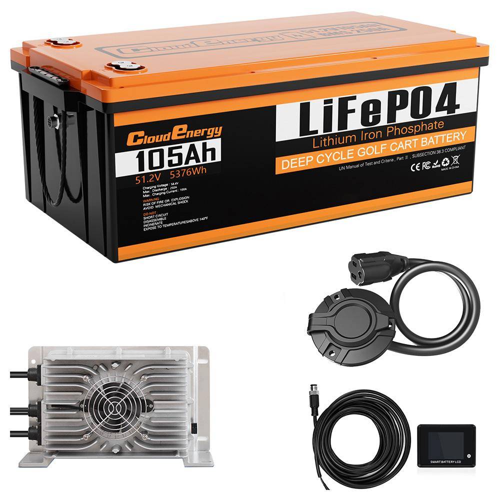 Cloudenergy GFA48-105A 48V 105Ah LiFePO4-batteri, Inbyggt 250A BMS, med 20A laddare, 6000+ cykler Litiumbatteri för golfbil