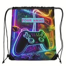 TEMU Customizable Name Neon Gaming Controller Design Gym Drawstring Backpack - Breathable Soft Shell, Adjustable Drawstring Closure, , Unisex For , Fitness, Outdoor, Casual Use, Gaming Backpack