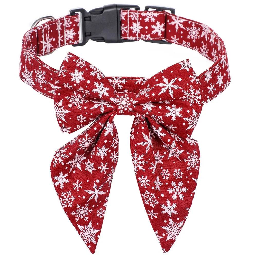 Festive Snowflake Dog Collar with Bow - Cotton Holiday Design - Snow / L 3.0cmx60cm (L 3.0cmx60cm)