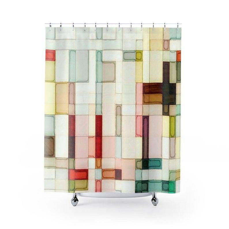 Geometrisk Akvarell Duschdraperi, Abstrakt Konst Badrumsdekor, Rosa, Persika, Gul, Röd, Grön och Brun Modern Badrum