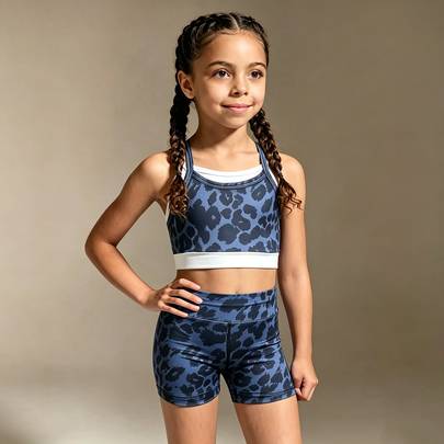 2-delat träningsset för unga flickor, sport-bh med leopardmönster, kontrastfärgade korsade ryggband och högmidjade sportshorts, gymnastikdräkt - Grå (6Y,7Y,4Y,5Y)