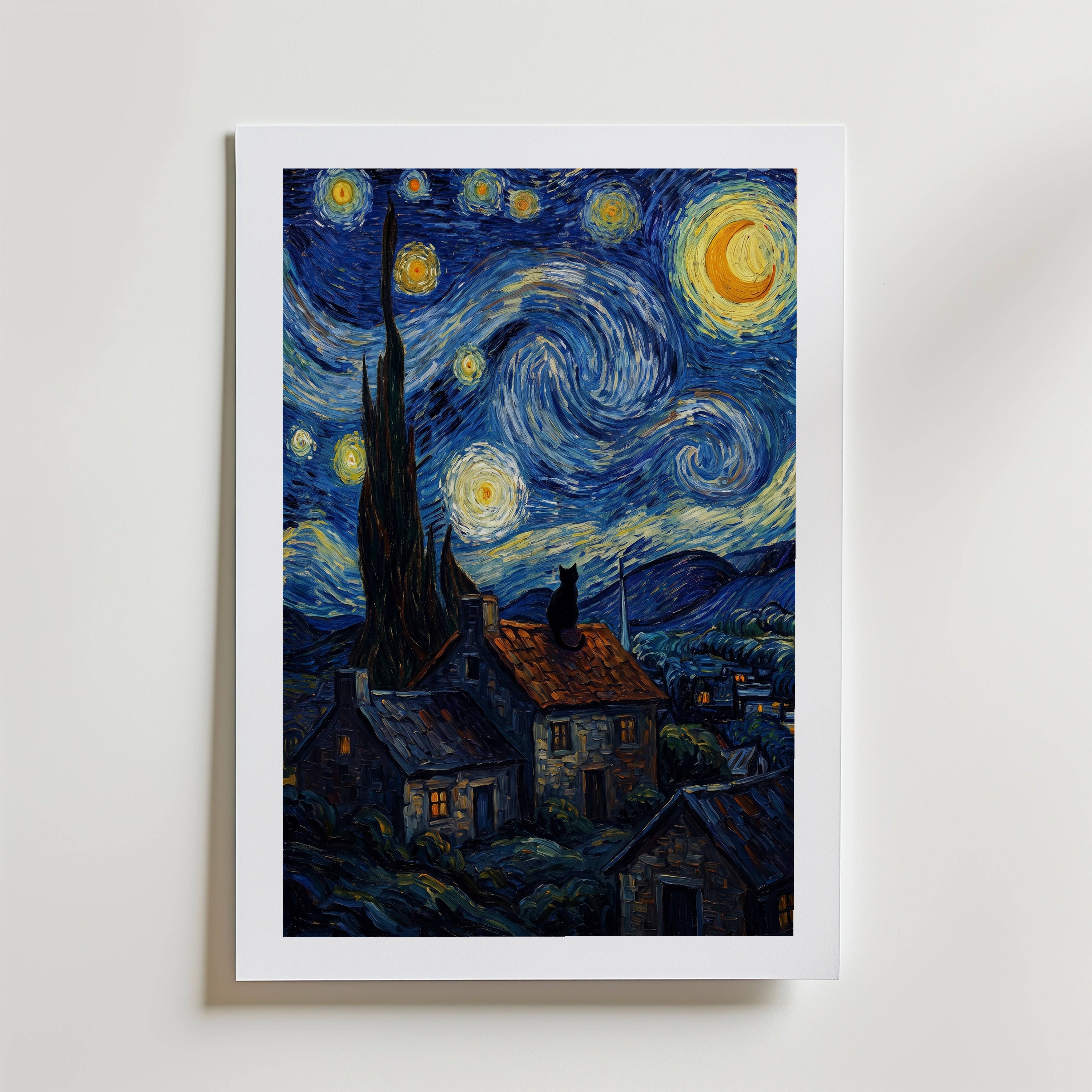 Starry Night Cat Poster - Fine Art Poster 30x40 cm Med passepartout