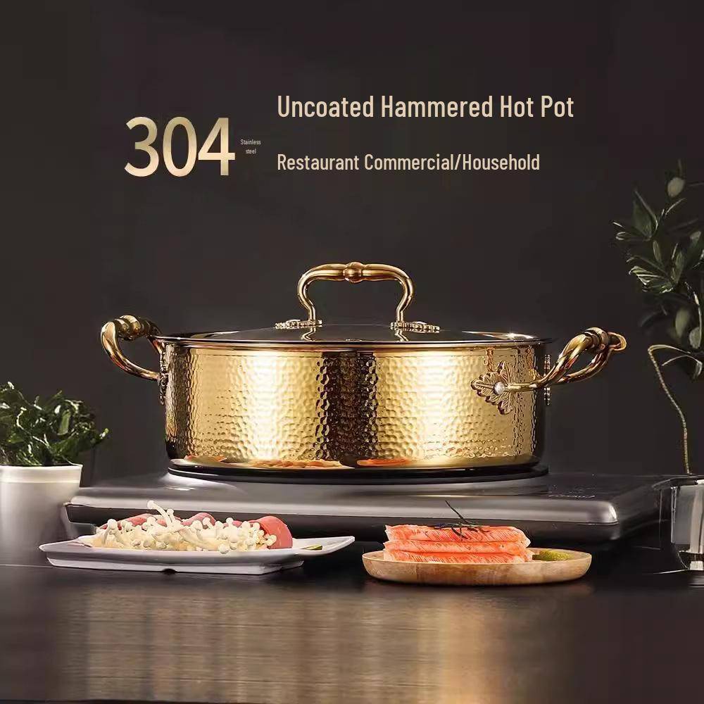 Ny Hammarmönstrad Rostfri Tre-lagers Guldpläterad Hot Pot med Lock (Klarsoppgryta, 304 Stål)
