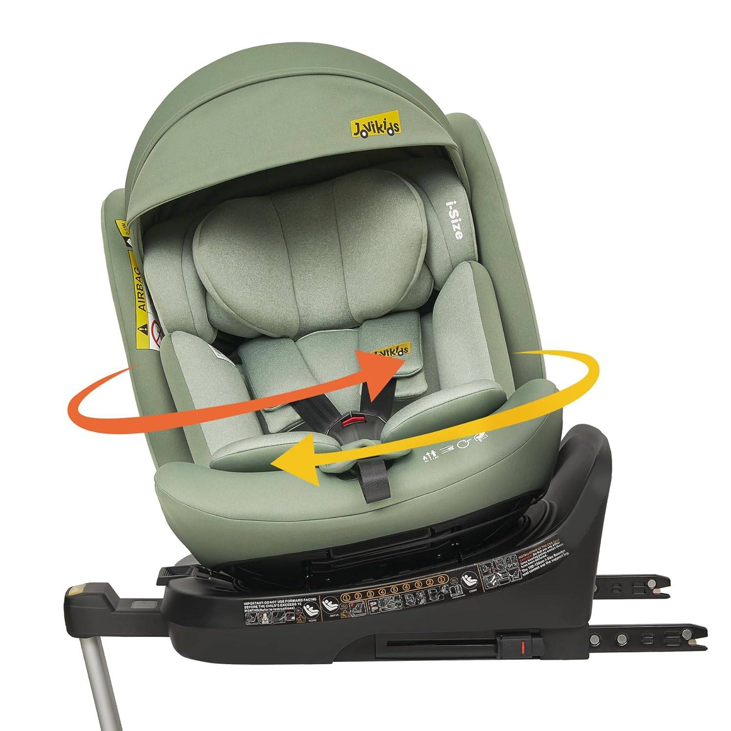Jovikids 360 degrees Rotating Child Car Seat with ISOFIX, i-Size 40-150cm (from Birth to 12 Years) Reboarder with Reclining Function & Canopy grön