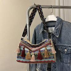 Retro Embroidered Vacation Crossbody Bag Bag Women&#39;s 2025 New Versatile Wide Strap Fresh And Simple Tassel Bucket Bag - Multicolor