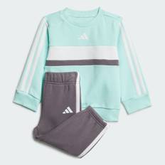 Seasonal Essentials Tiberio 3-Stripes Fleece Crew Kids sæt - Semi Flash Aqua / White / Grey Strata - 92