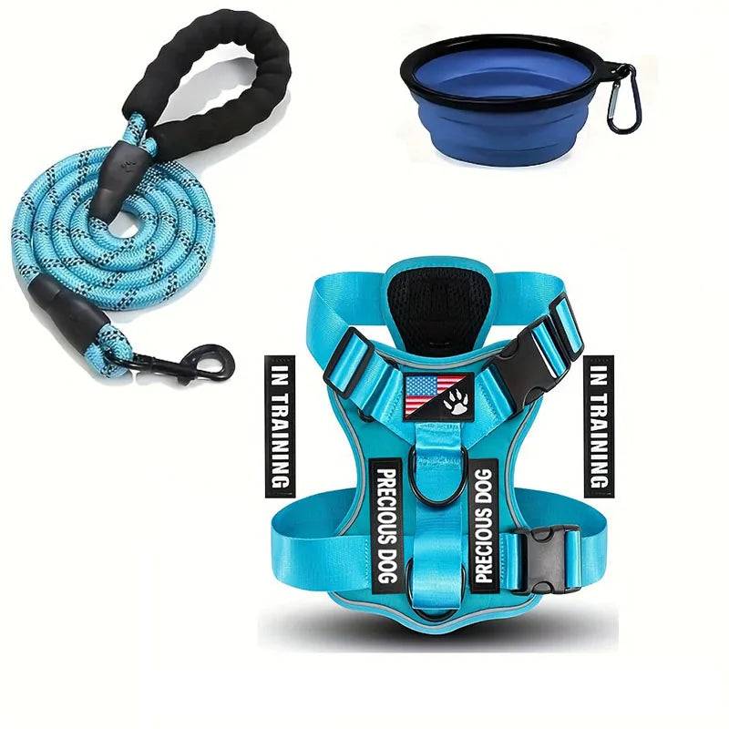 Reflective Dog Harness & Leash Set with Folding Bowl - Blue / XL (XL)