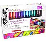 Zebra Doodler'z 60 st gelpennor 1,0 mm, trendiga färger, glitter, fluorescerande pastellfärger, 60 st