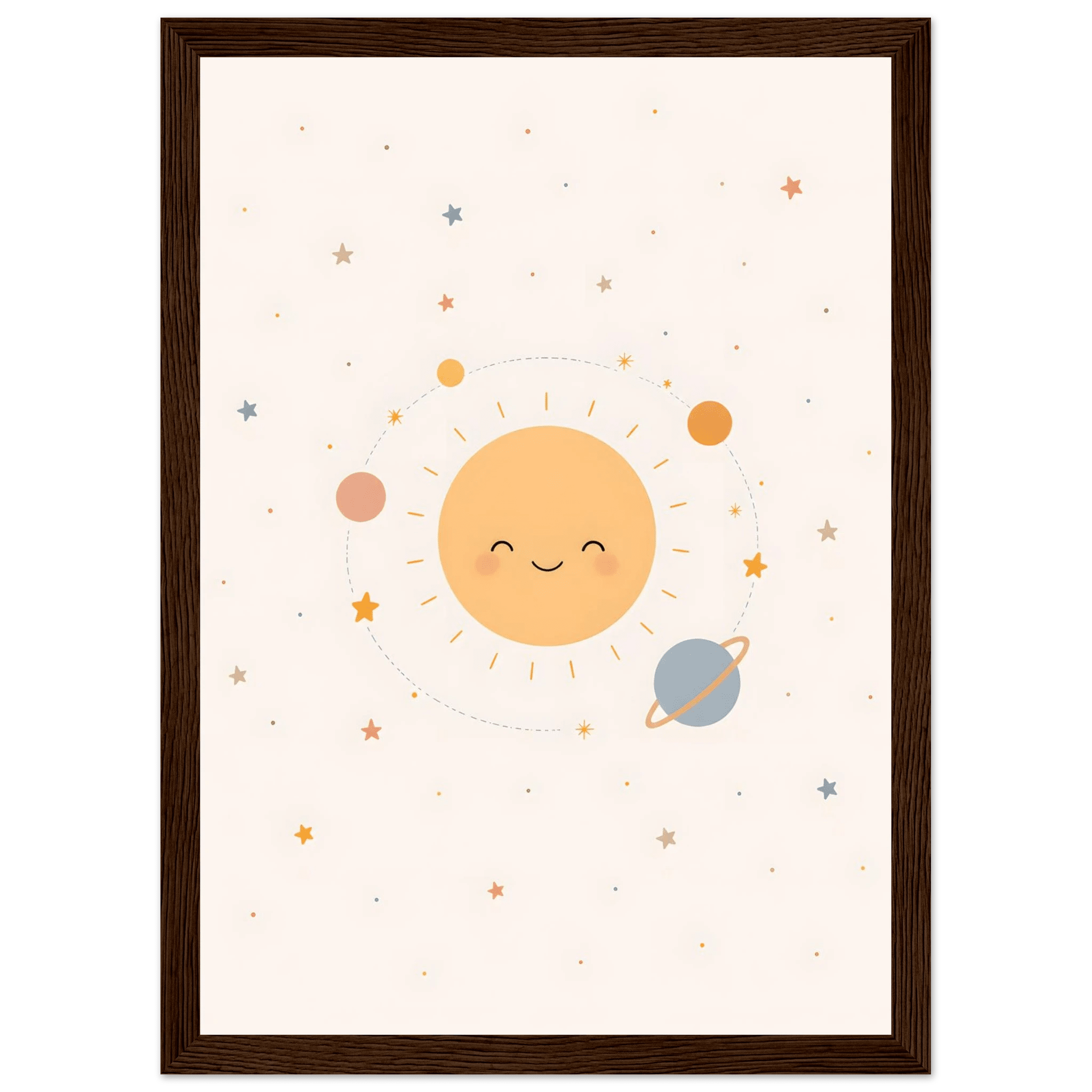 Solen och planeter poster-21x29.7 cm / 8x12" / Med ram / Mörkt trä