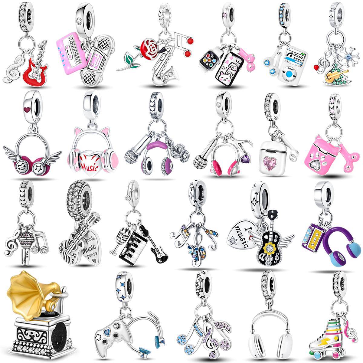 925 Silver Musikberlocker Gitarr Rock Hörlurar MP3 Hängen för DIY Smycken Armband Halsband white