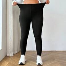 2pcs Set Women Plus Size Black Elastic Waist Skinny Leggings, Casual Lightweight Stretch Jersey Fabric, Suitable For Yoga, Sports, Outdoor & Daily Wear