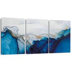 Artscope Abstrakt väggkonst i 3 delar, kanvastryck, bildmålning med marmorblått och vitt flytande bläck, modern väggkonst inramad för gåvor badrum vardagsrum hem kontor dekor – 30 x 40 cm