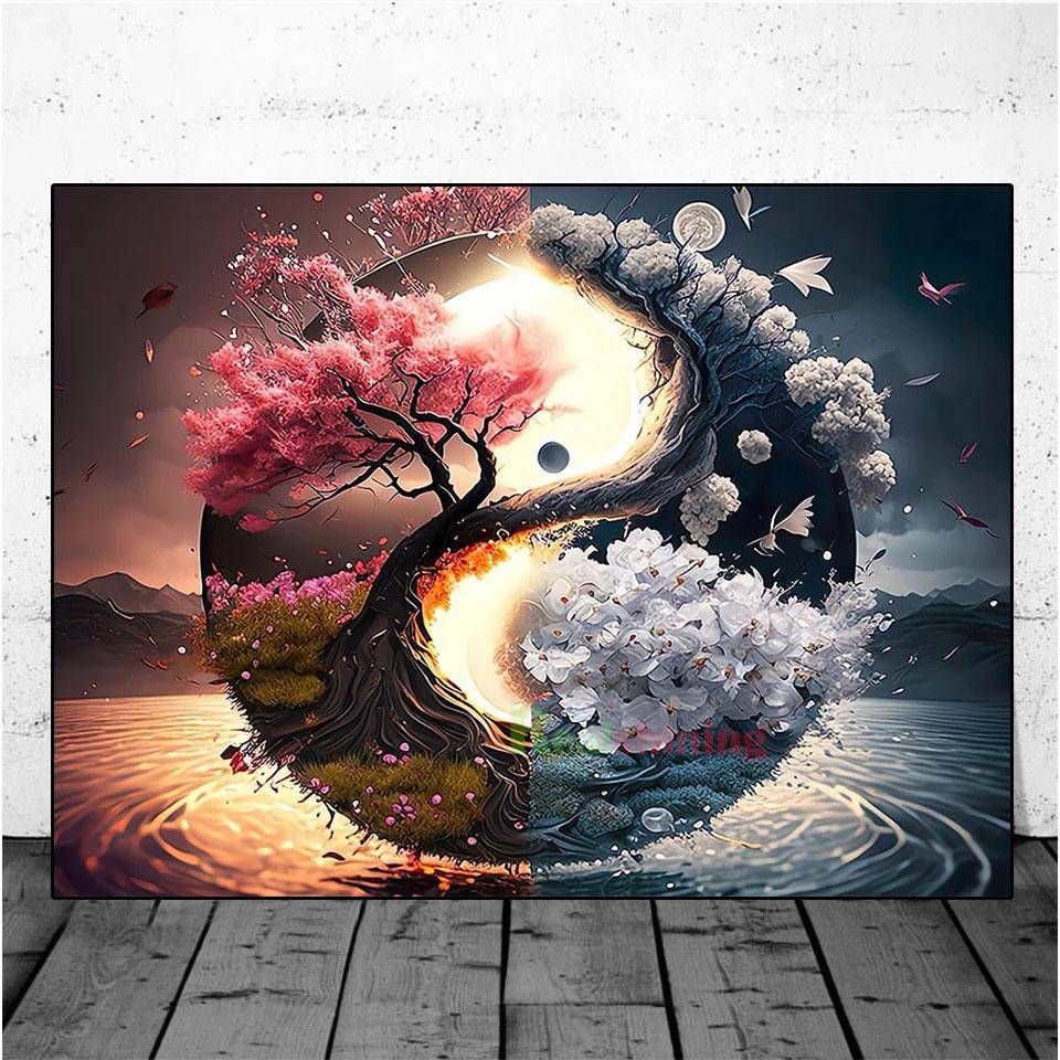 Ying Yang Diamantmålning Tai Chi Körsbärsblomning Landskap 5D Diamantbroderi Full Borrkorsstygn Kit Djurträd