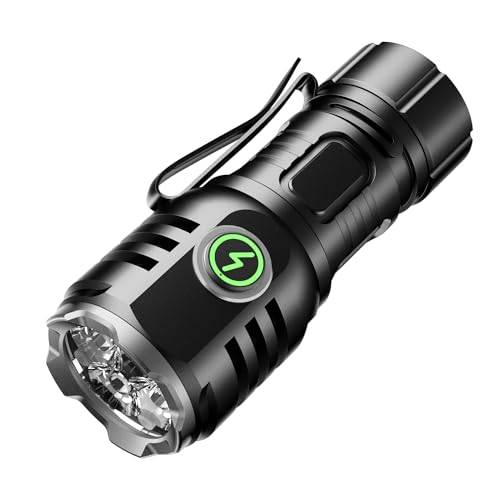 Ficklampa liten uppladdningsbar LED extremt ljus 6 000 lumen, TYPE-C uppladdningsbar 4 x starka lamppärlor minifack med 8 ljuslägen och lång driftstid vattentät, för camping vandring utomhus (svart)