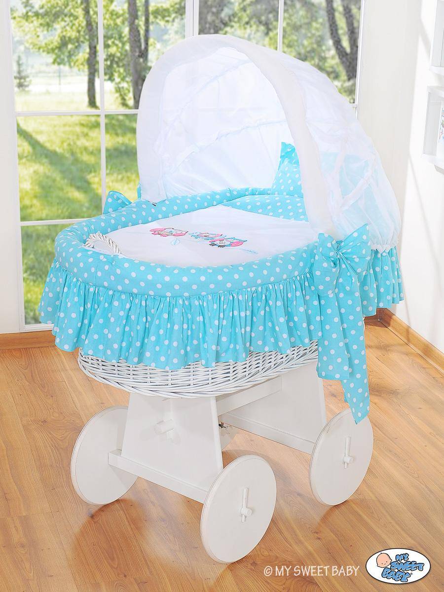 Moses basket with a hood - white Owls + turquoise and white bedding with embroidery