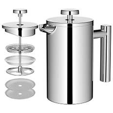 MaxMiuly Kaffebryggare French Press 0,65 liter, 3 koppar dubbelväggiga rostfritt stål kaffebryggare termo, 650 ml liten fransk kaffepress, silver