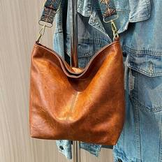 Fashion Solid Color Wide Strap One Shoulder Diagonal Underarm Commuter Bucket Bag For Women - Brown