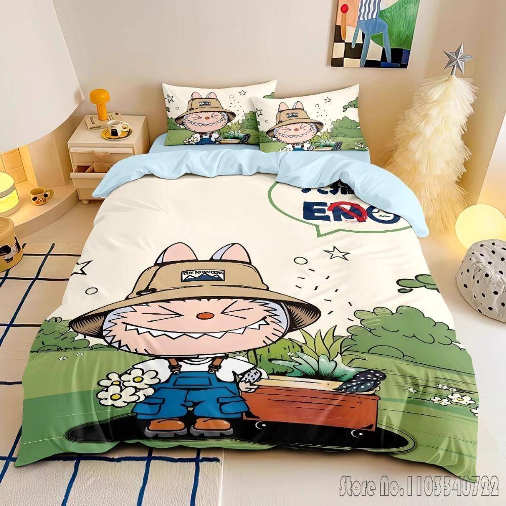 Söta Tänder Ny Anime La-BuBu Rosa Påslakanset HD Täcke Örngott för Barn Sängkläder Sängkläder Sovrumsinredning US Full 200x229cm