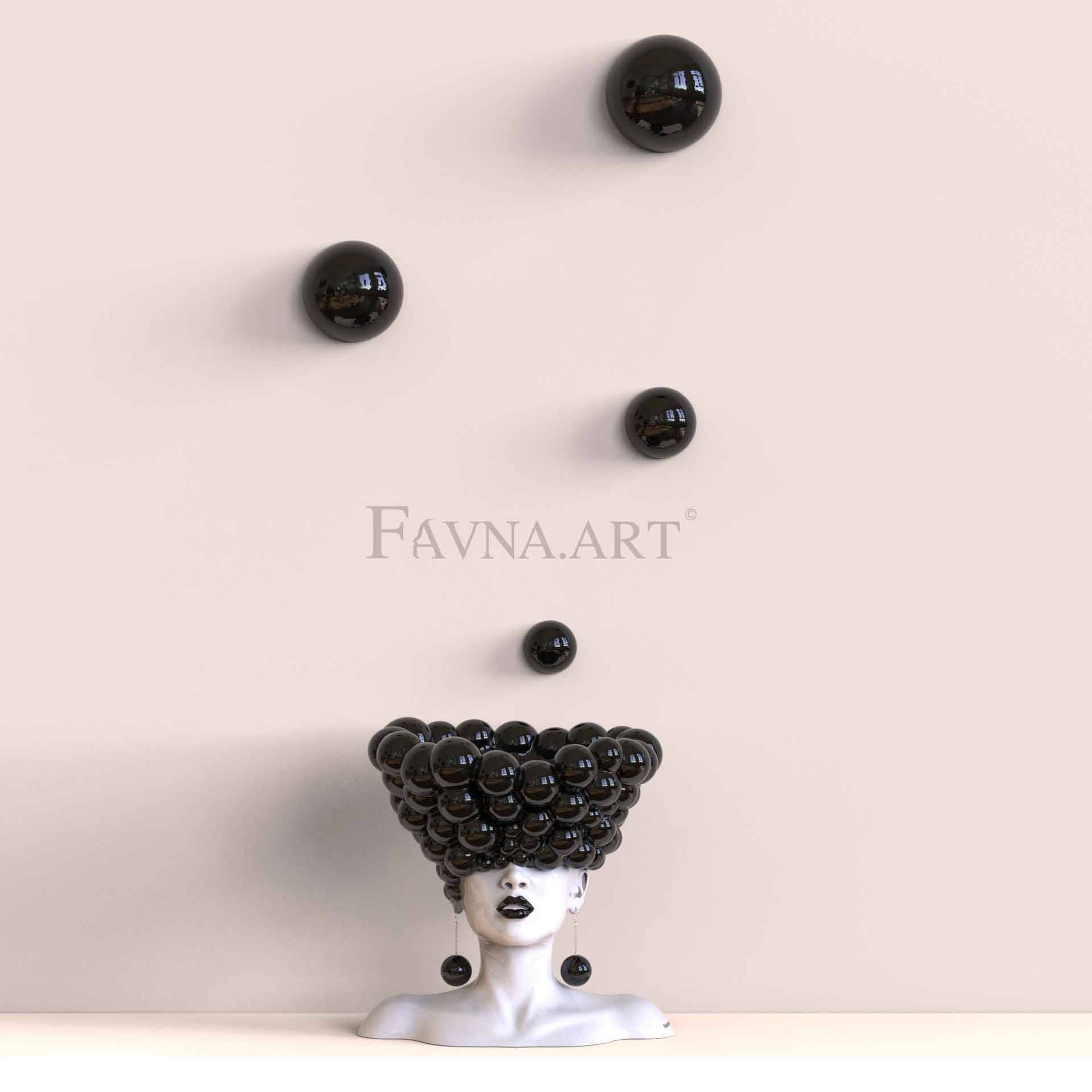 Conceptual Art Composition “Thoughts”, Black Wall Art- Sculpture and wall-mounted spheres - With 4 half-spheres