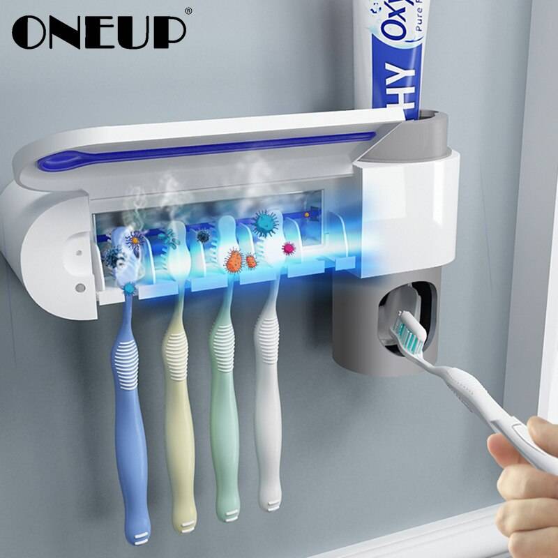 Oneup antibacteria uv tandborsthållare automatisk tandkrämsdispenser sterilisera hemrengöringsmedel sterilisera badrumstillbehör set - Europeisk standard-