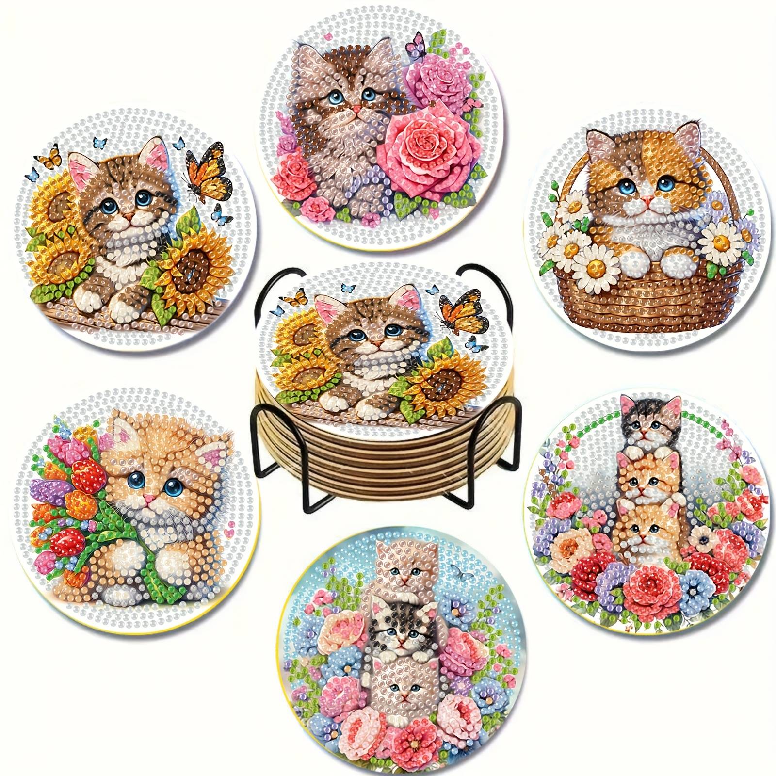 6pcs Diy Diamond Painting Coaster & Stand Craft - Spring Cat-themed Wooden Frame Suitable For Adults & Beginners, Round & Unique-shaped Diamonds, Step--step For Coasters, Table Protectors, Gift ()
