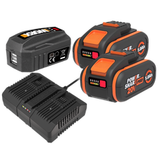 Worx 20V PowerShare Startsæt med 2 stk. 5,0Ah batteri, dobbelt lynlader og USB ladeaggregat