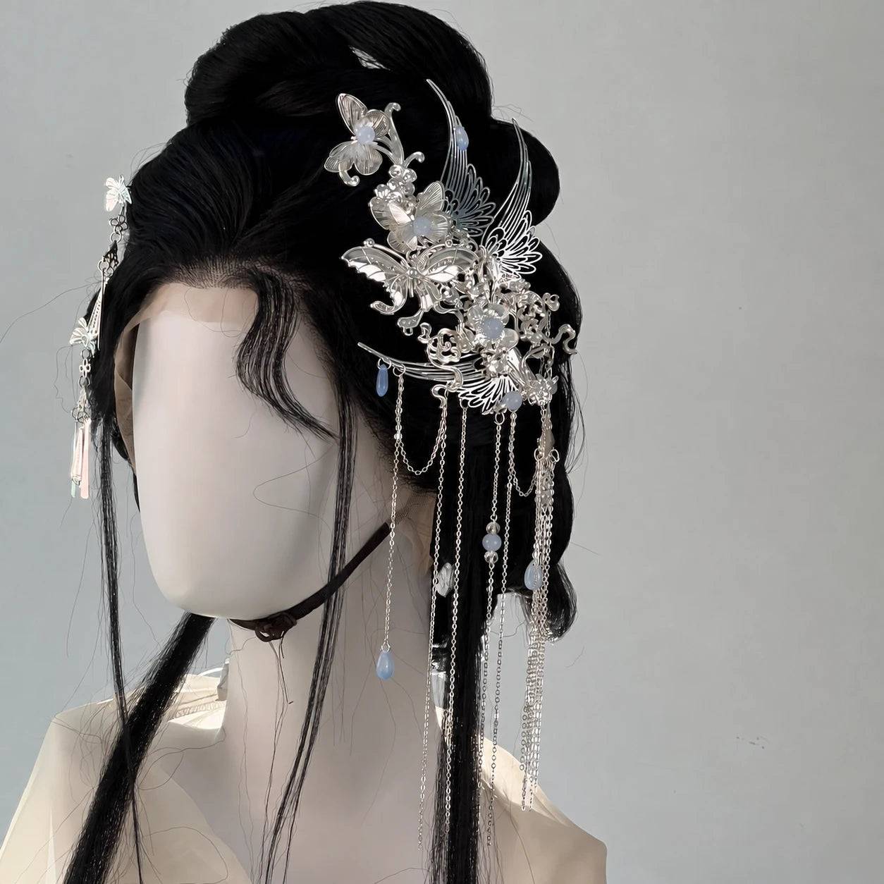 Butterfly Tassel Hair Clip | Silver-Tone Side Ornament - Blue-White Accents — 1 Clip