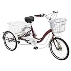 XUEMANSHOP Trehjuling för vuxna, 20 tum 6-växlad vuxen trehjuling med shoppingkorg, justerbart styre och säte, lastkapacitet 100 kg, stadsshoppingcykel cykel (röd)